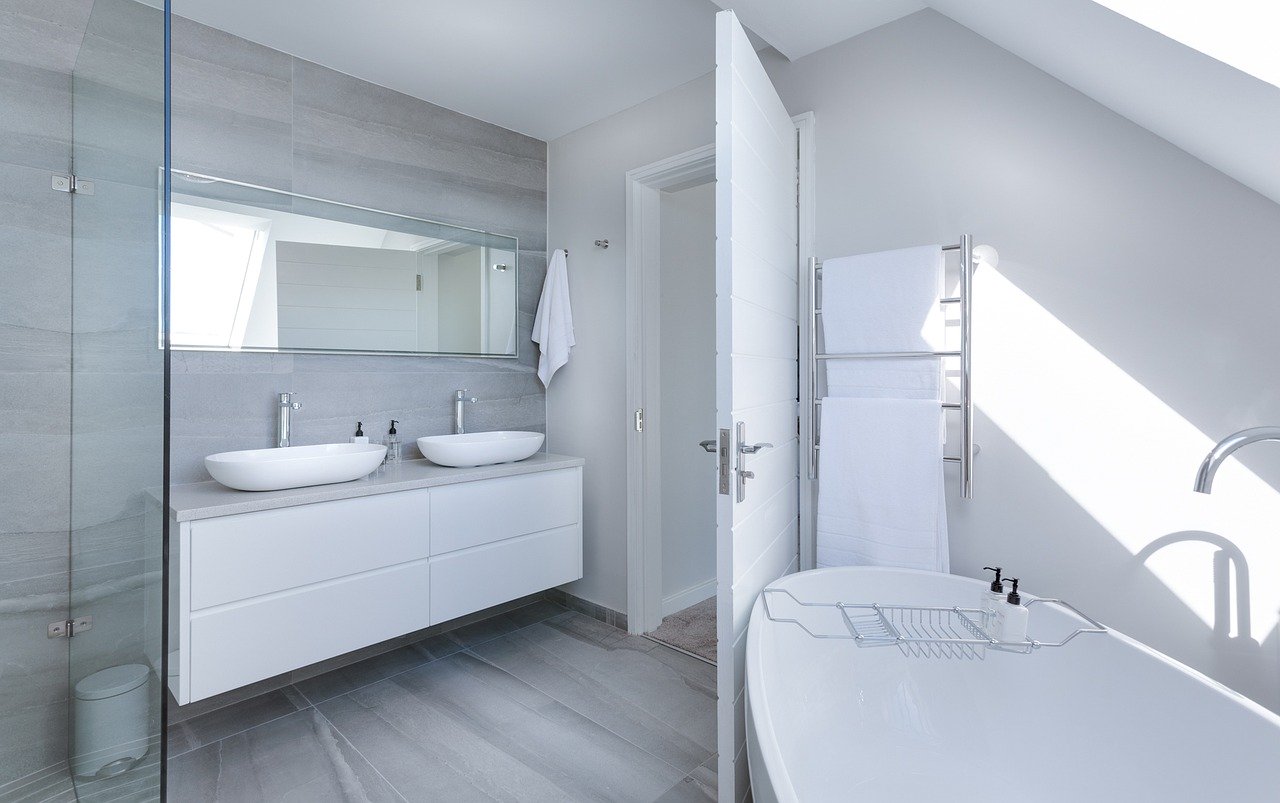salle de bain moderne avec une baignoire et une double vasque